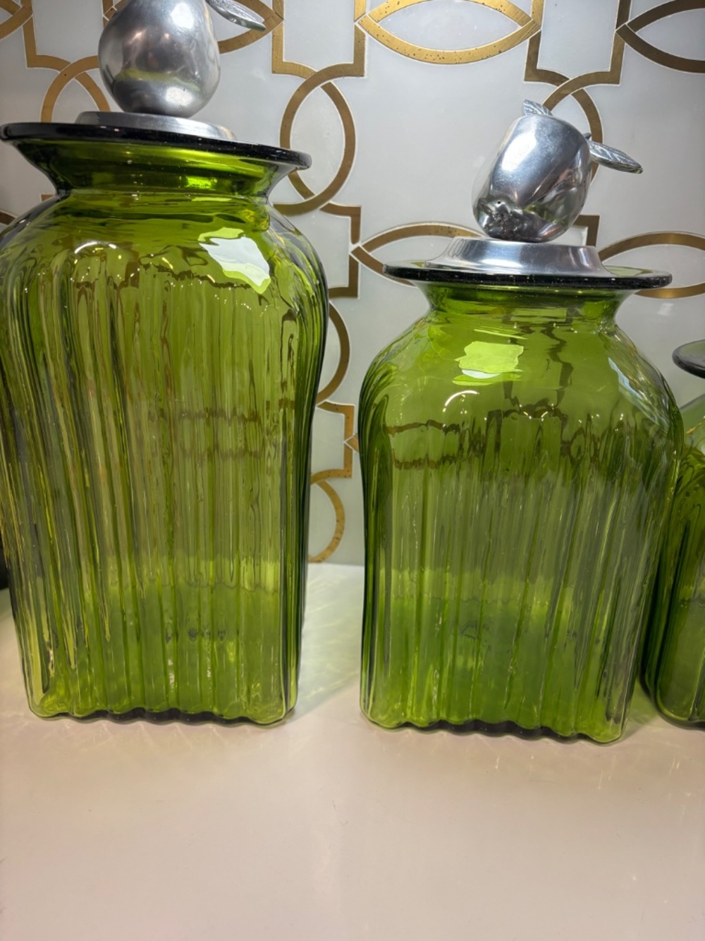 3 Vintage Hand Blown Glass Kitchen Canisters Jars Pewter Tops Fruit Apples Pear - Picture 8 of 15
